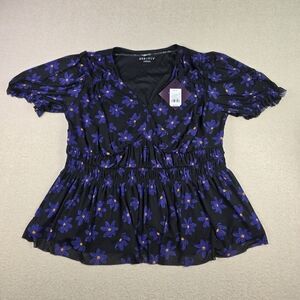 Ava Viv Womens 1X Black Purple Floral Peplum Blouse NWT Short Sleeve Top